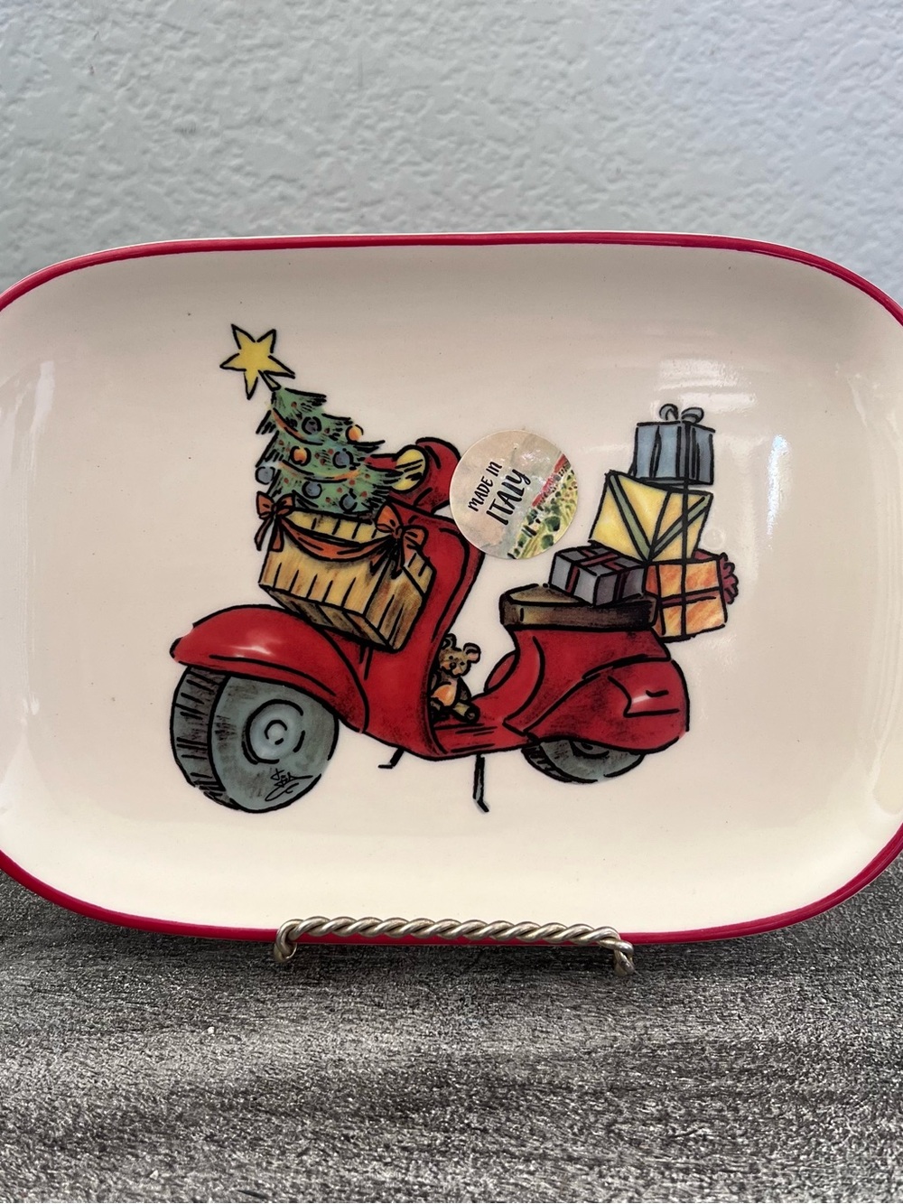 Ceramiche Noi Italy Christmas Serving Platter Ceramic Red Scooter Holiday Tray